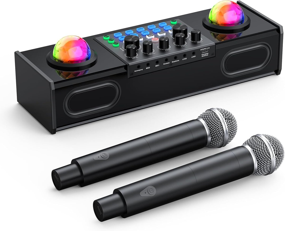 MT-VIKI Portable Bluetooth Karaoke Machine 2 Wireless Mics LED Party Speaker