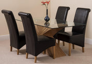 160x90cm Oak Glass Dining Table & 4 Black Leather Chairs - Modern Set