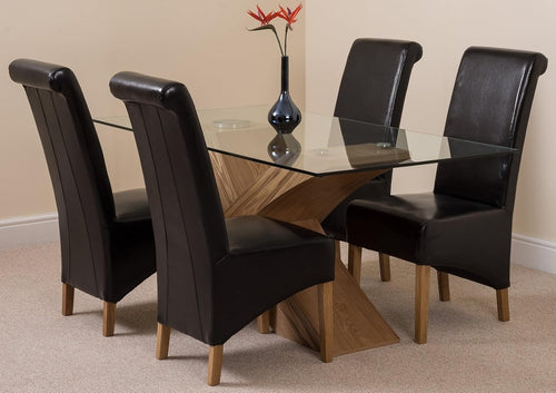 160x90cm Oak Glass Dining Table & 4 Black Leather Chairs - Modern Set