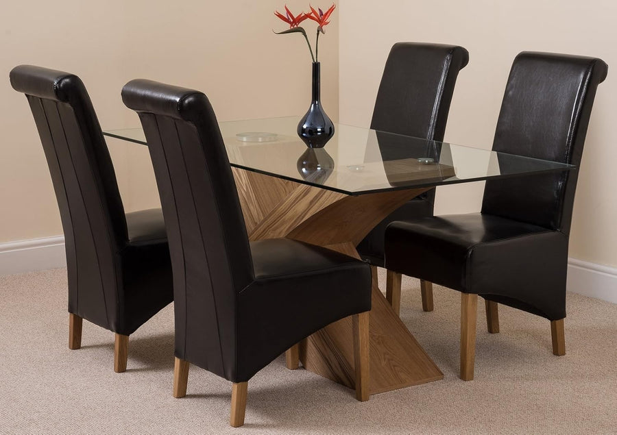 160x90cm Oak Glass Dining Table & 4 Black Leather Chairs - Modern Set