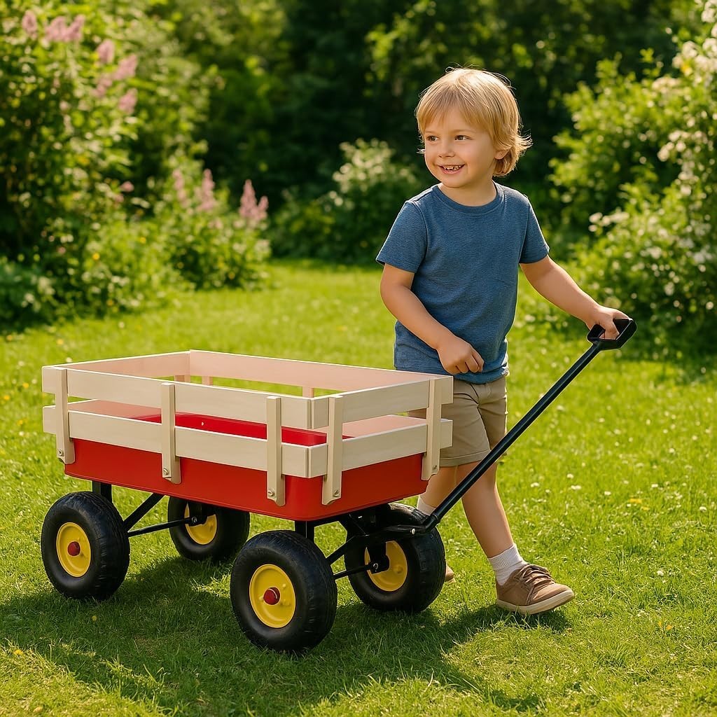 Heavy Duty Garden Utility Wagon Cart | Outdoor Pull Trolley w/ 4 Wheels & Steel