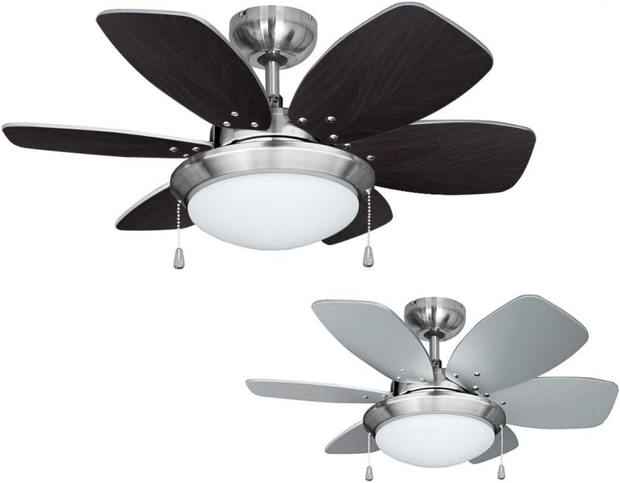 MiniSun 30"" Chrome Modern Ceiling Fan with Light & Reversible Blades, 3-Speed