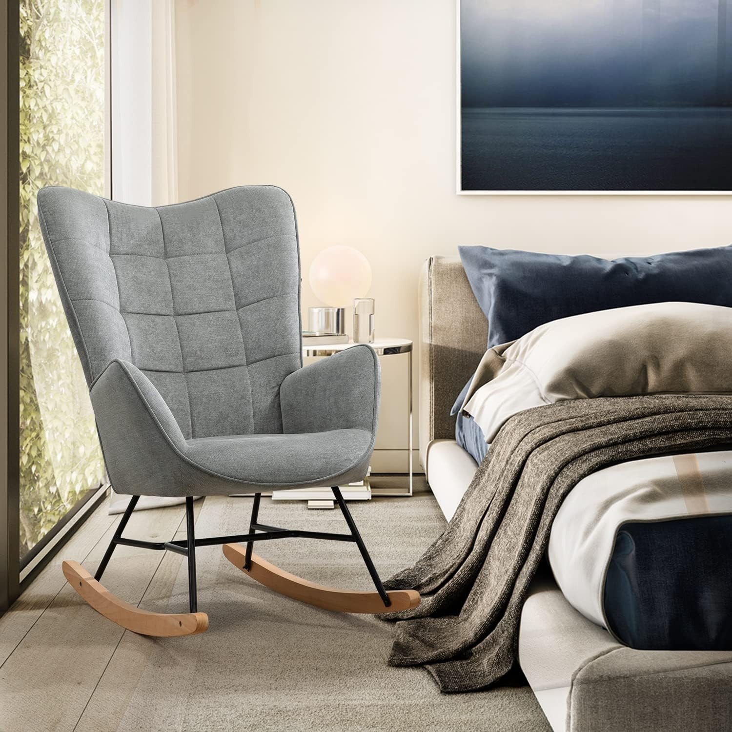 Grey Rocking Chair for Nursery w/ High Back, Fabric Seat & Wood Base