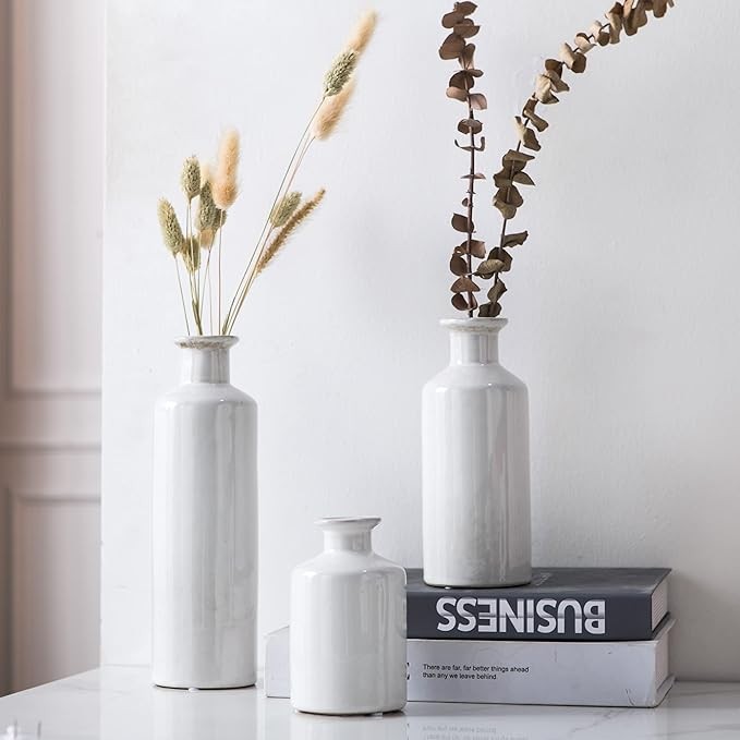 White Ceramic Vase Set Modern Minimalist Bottle Vases for Home Decor