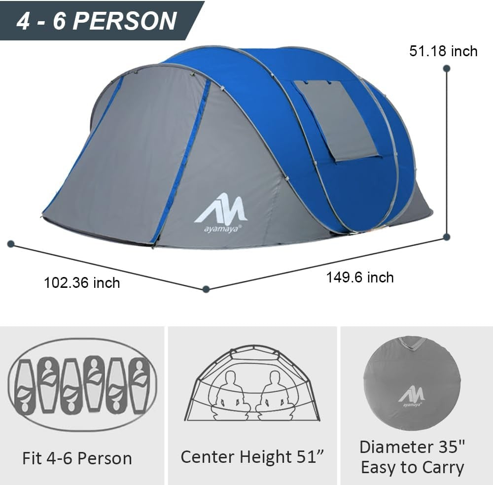 4-6 Person Pop Up Camping Tent Waterproof 4 Season 5 Windows