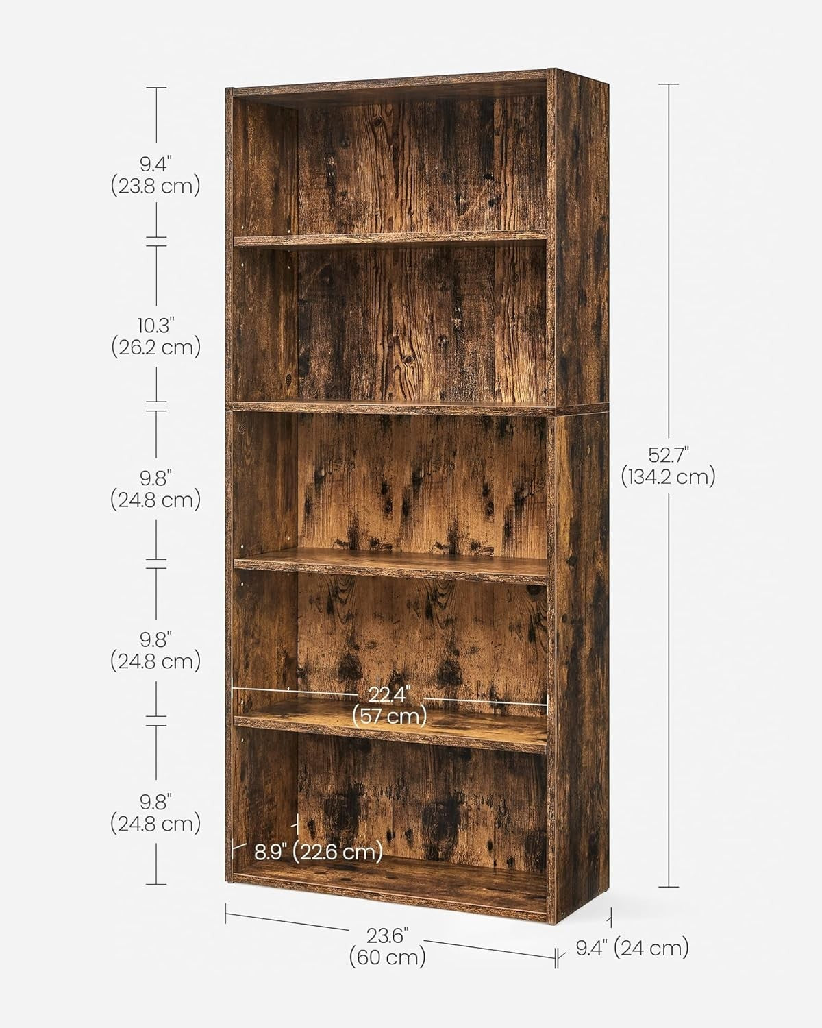 5 Tier Wooden Bookcase Tall Storage Display Book Shelf for Living Room Rustic