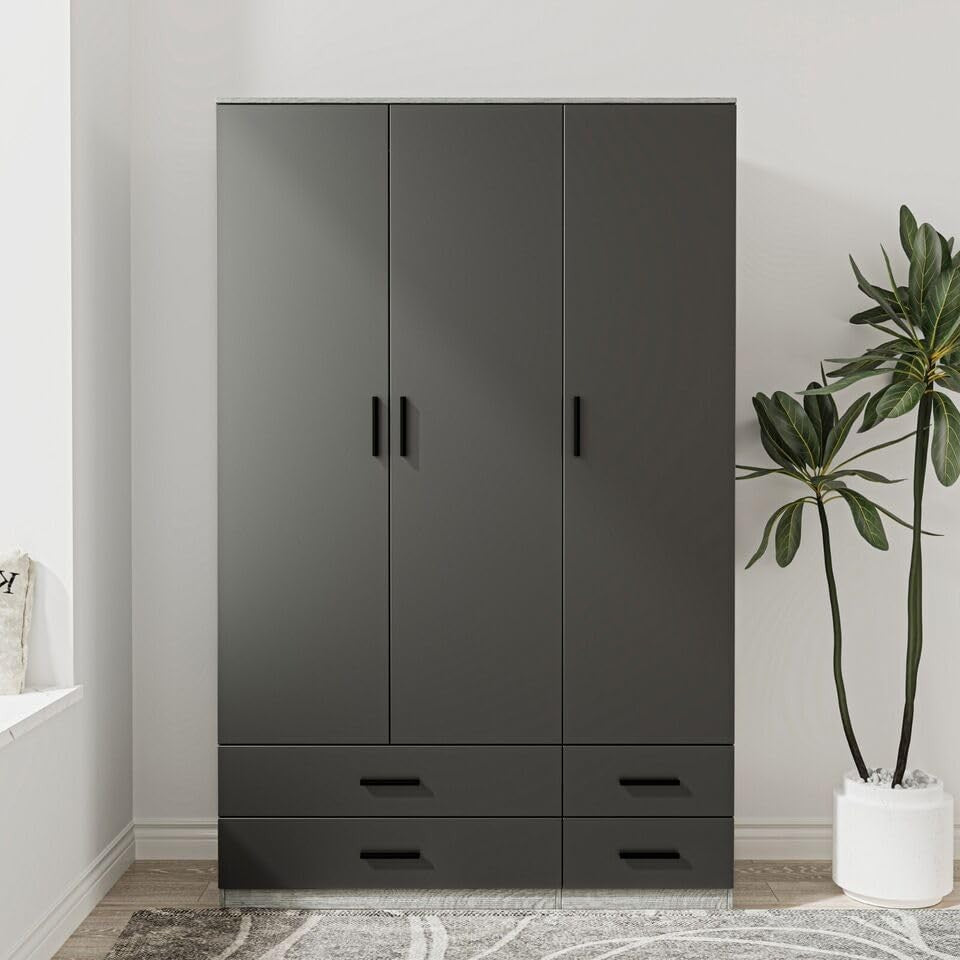 3 Door 4 Drawer Wardrobe Hanging Rail Storage Grey & Black Bedroom Unit
