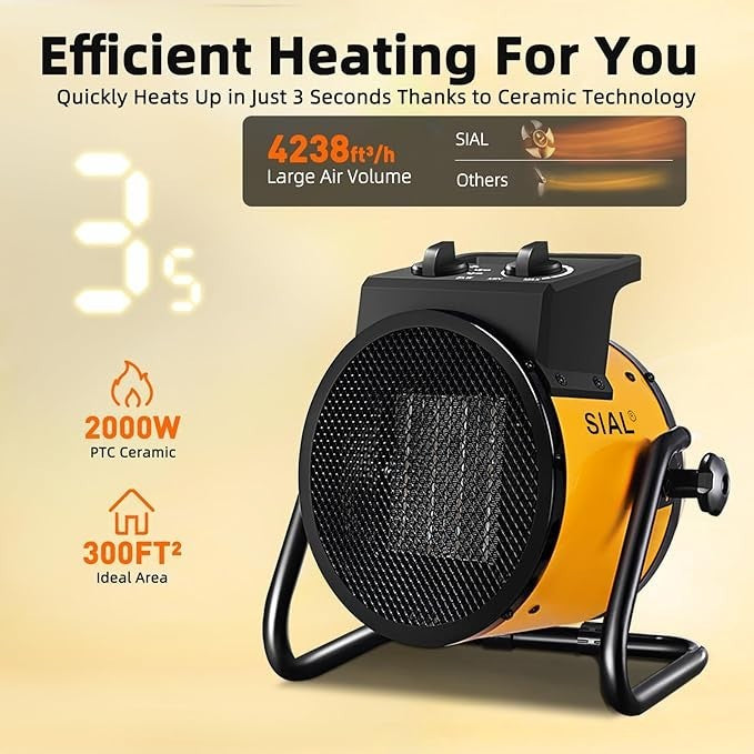 Portable Electric Heater 2000W Ceramic Fan Fast Heat Adjustable Thermostat