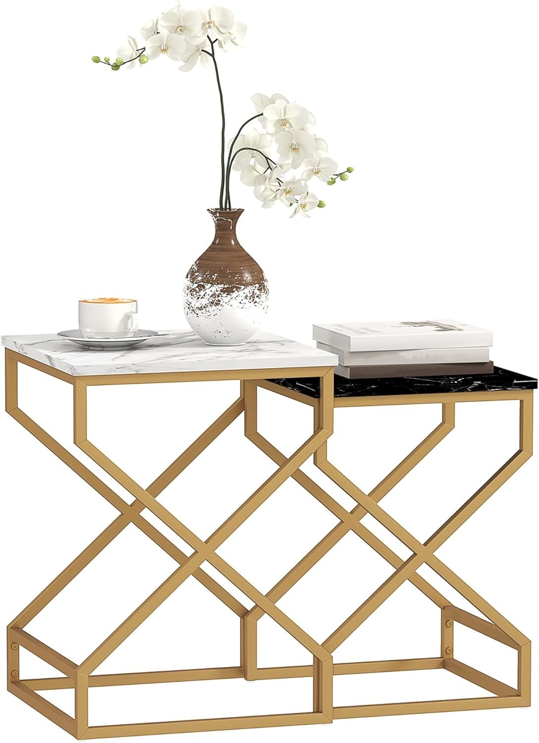 2-Piece Nesting Side Tables Set Black White Living Room End Coffee Bedside