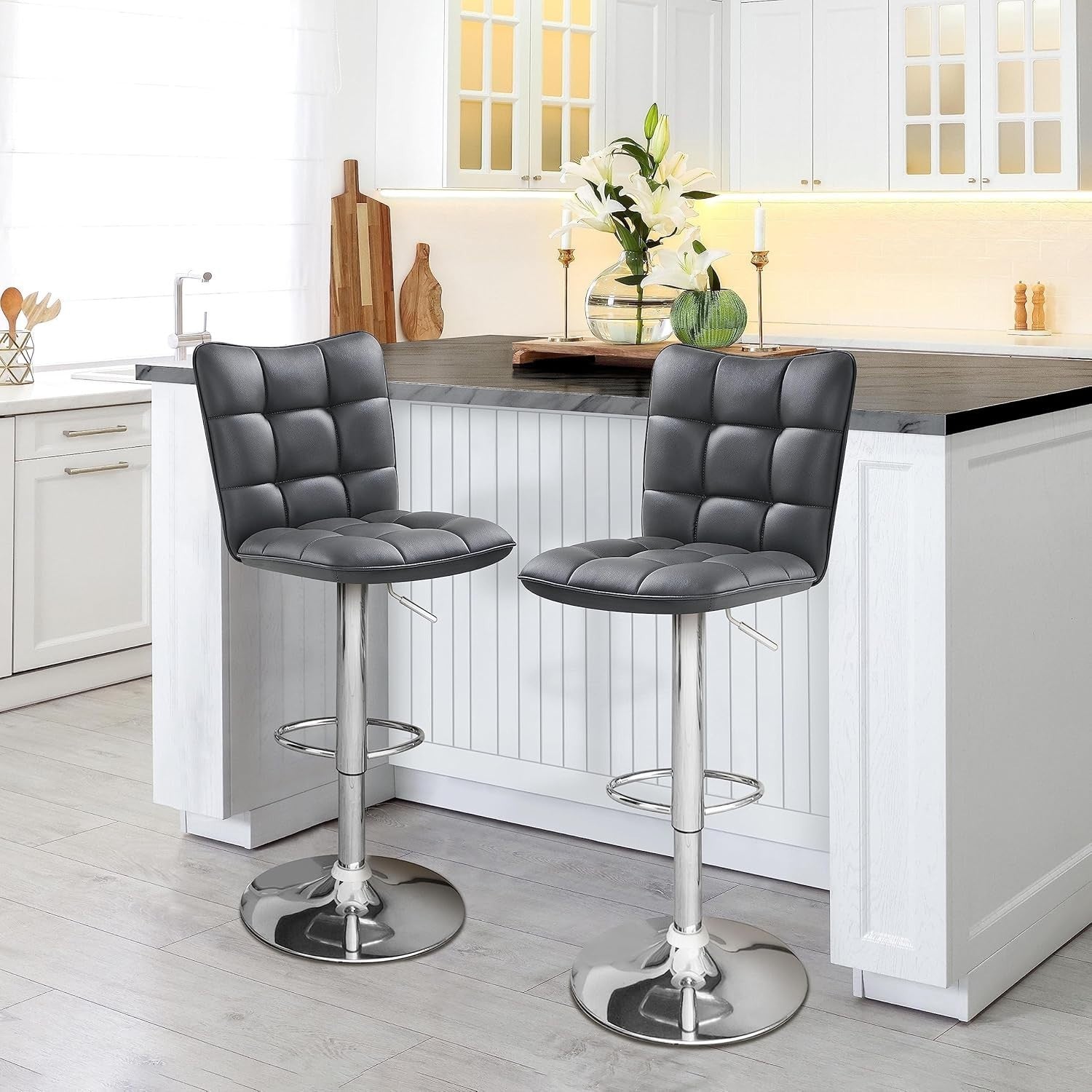 Adjustable Swivel Bar Stools Set of 2 Faux Leather Counter Chairs