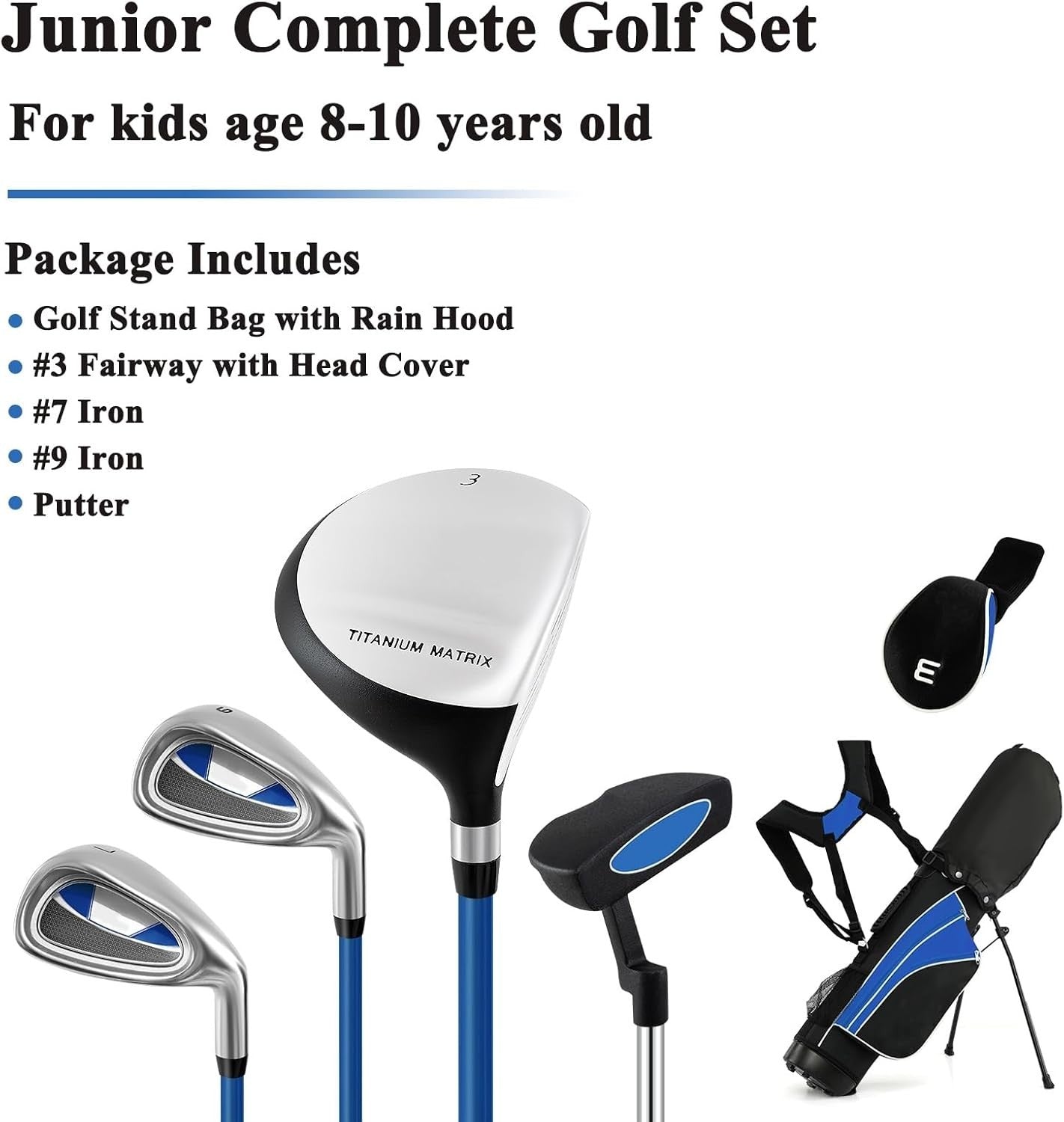 Kids Golf Club Set Ages 8–10 Right Hand Fairway Irons Putter Stand Bag