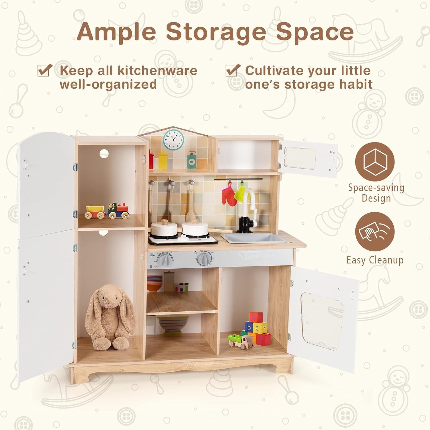 Wooden Kids Play Kitchen Lights Sounds Ice Maker Water Dispenser Set