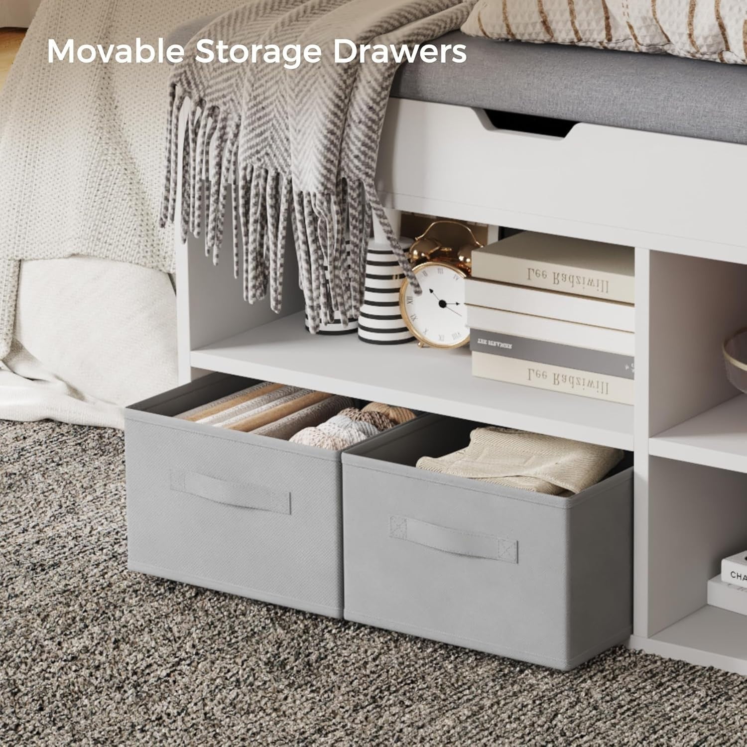 White Shoe Storage Bench with Cushion & Adjustable Shelves, 80x48x30 cm