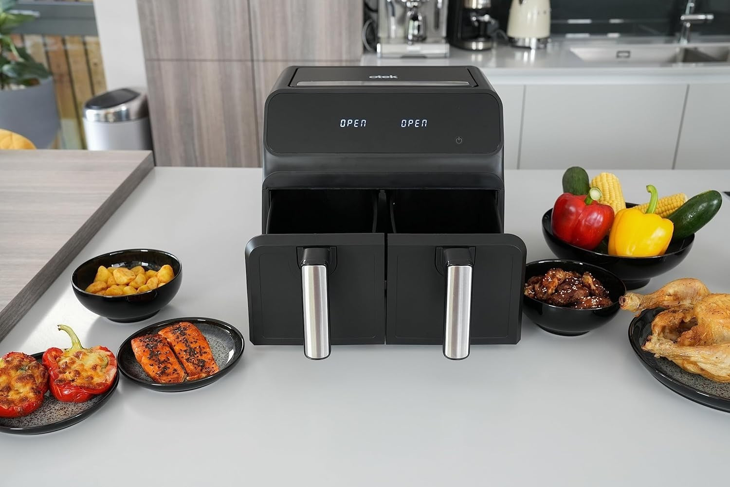 Dual Zone Air Fryer 8L 2 Drawer Touchscreen Oil Free Timer 1700W