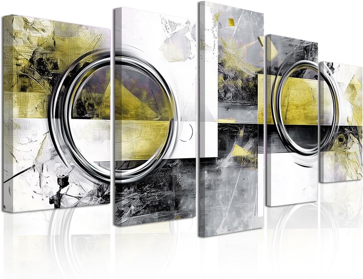 Large 5 Piece Abstract Wall Art Canvas Set Yellow Grey Framed 100x55cm
