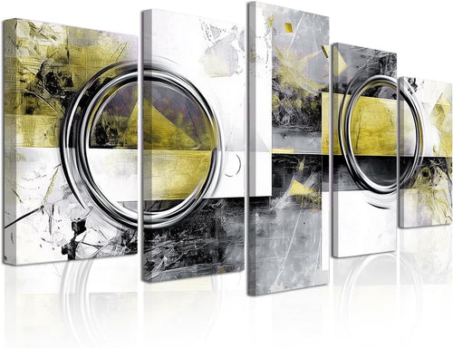 Large 5 Piece Abstract Wall Art Canvas Set Yellow Grey Framed 100x55cm