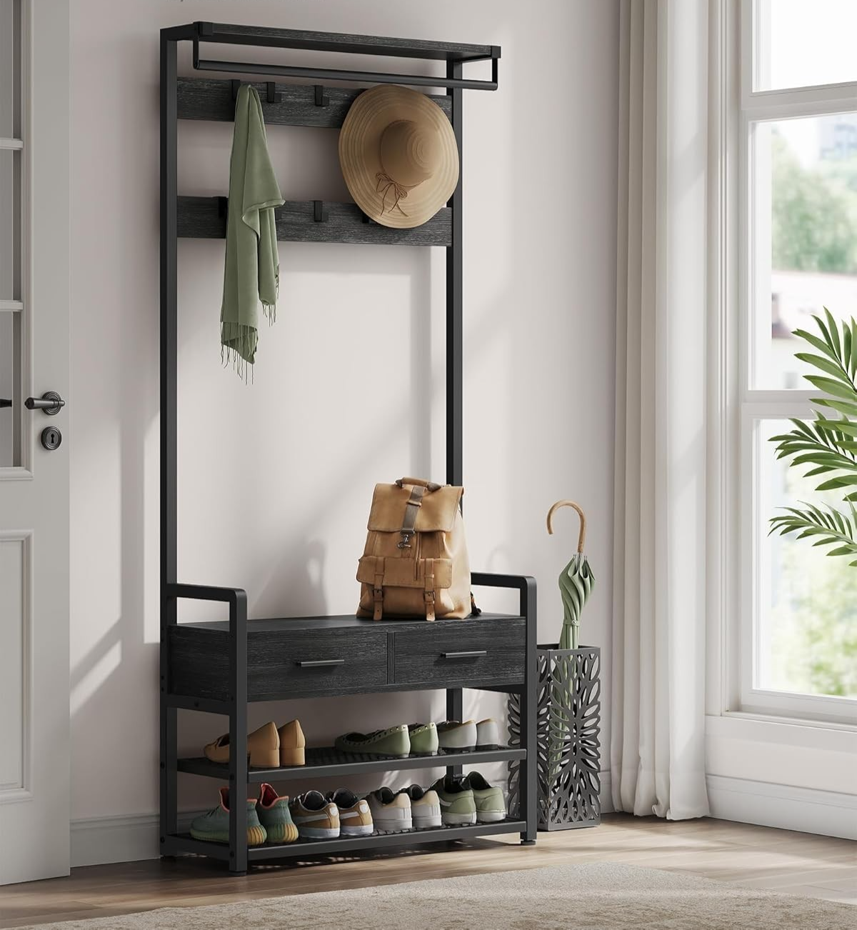 Grey Hall Tree Coat Rack with Bench & Shoe Storage 80x30x181cm