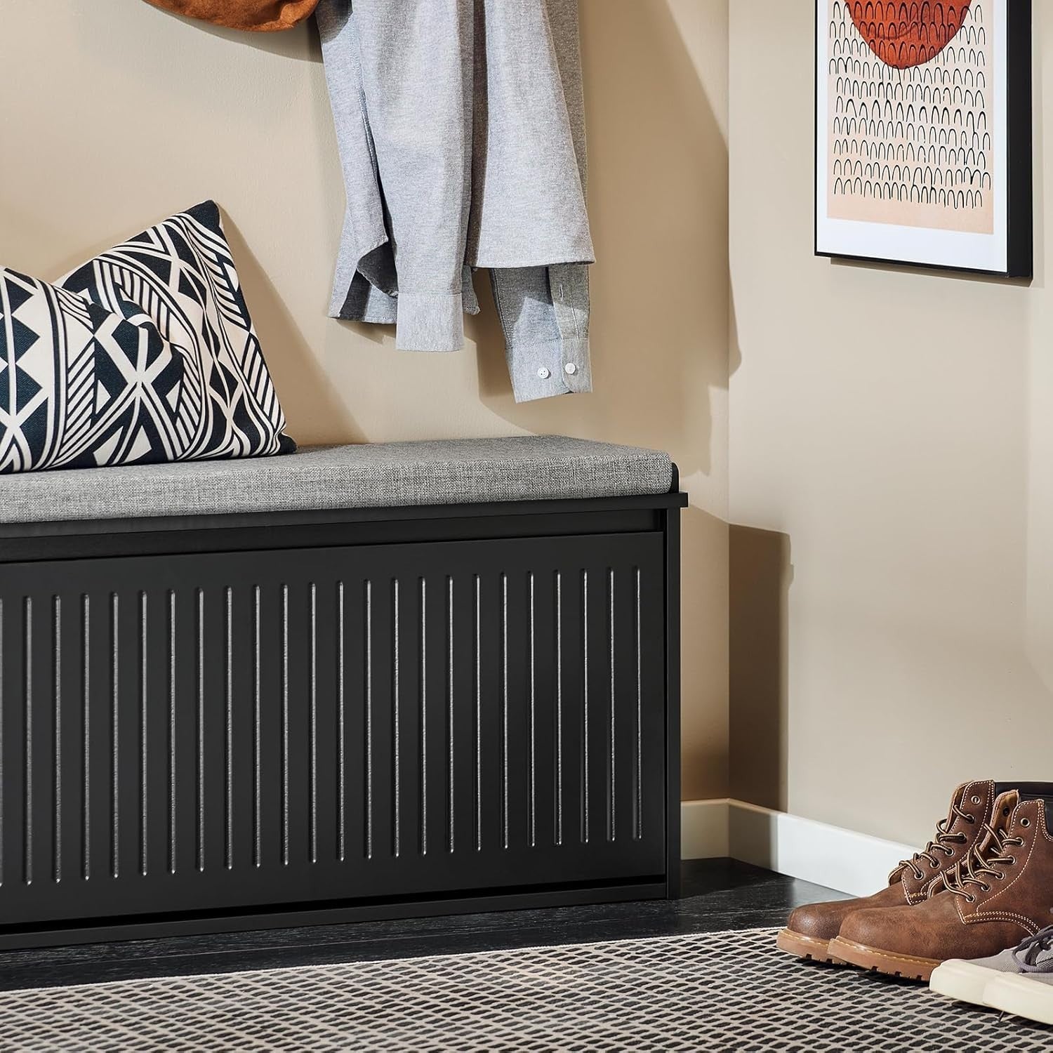 Black Shoe Storage Bench with Cushion – 2-Tier Flip Drawer Seat 80cm