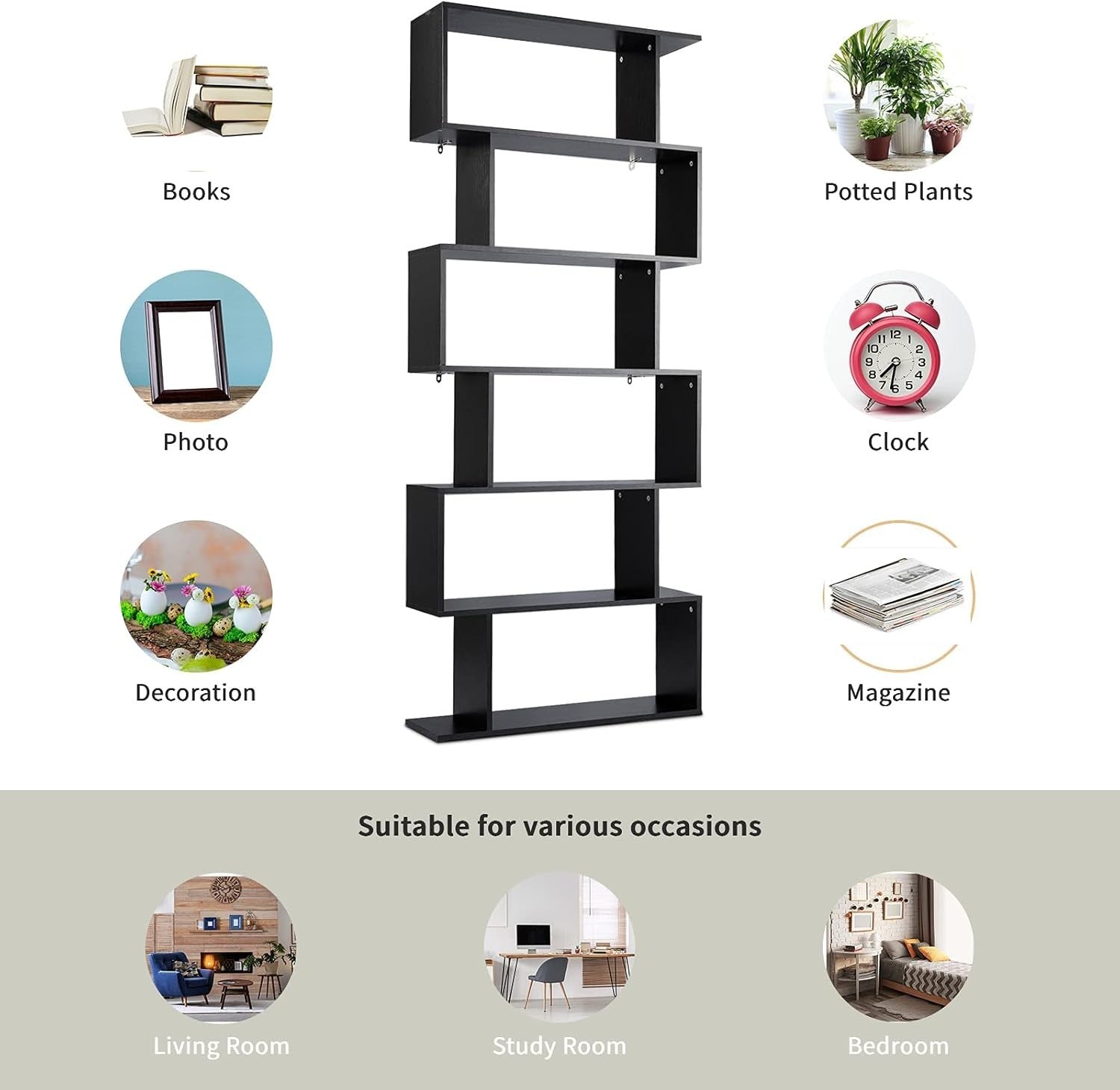 S Shaped 6 Tier Wooden Bookcase Freestanding Display Storage Shelf Black