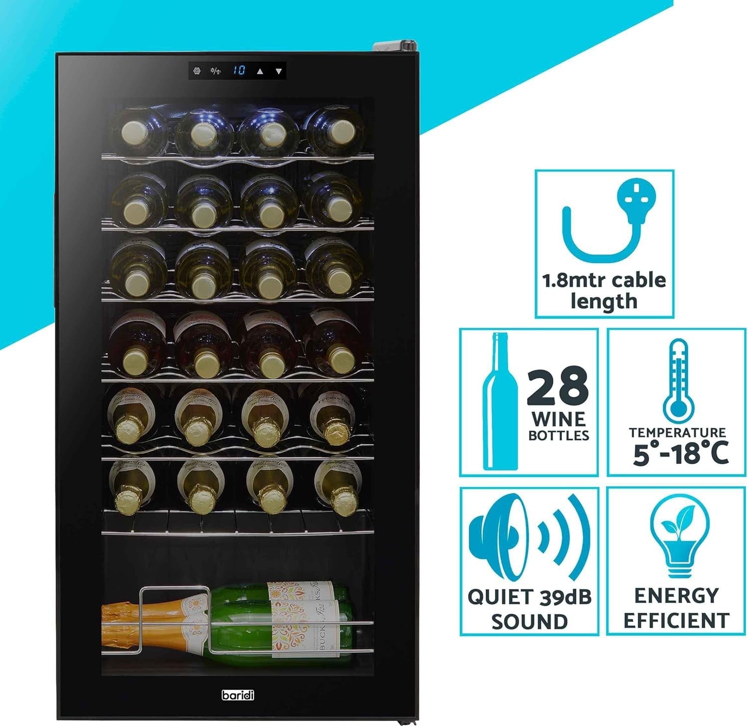 28 Bottle Wine Cooler Fridge Digital Touch Control LED Quiet Freestanding
