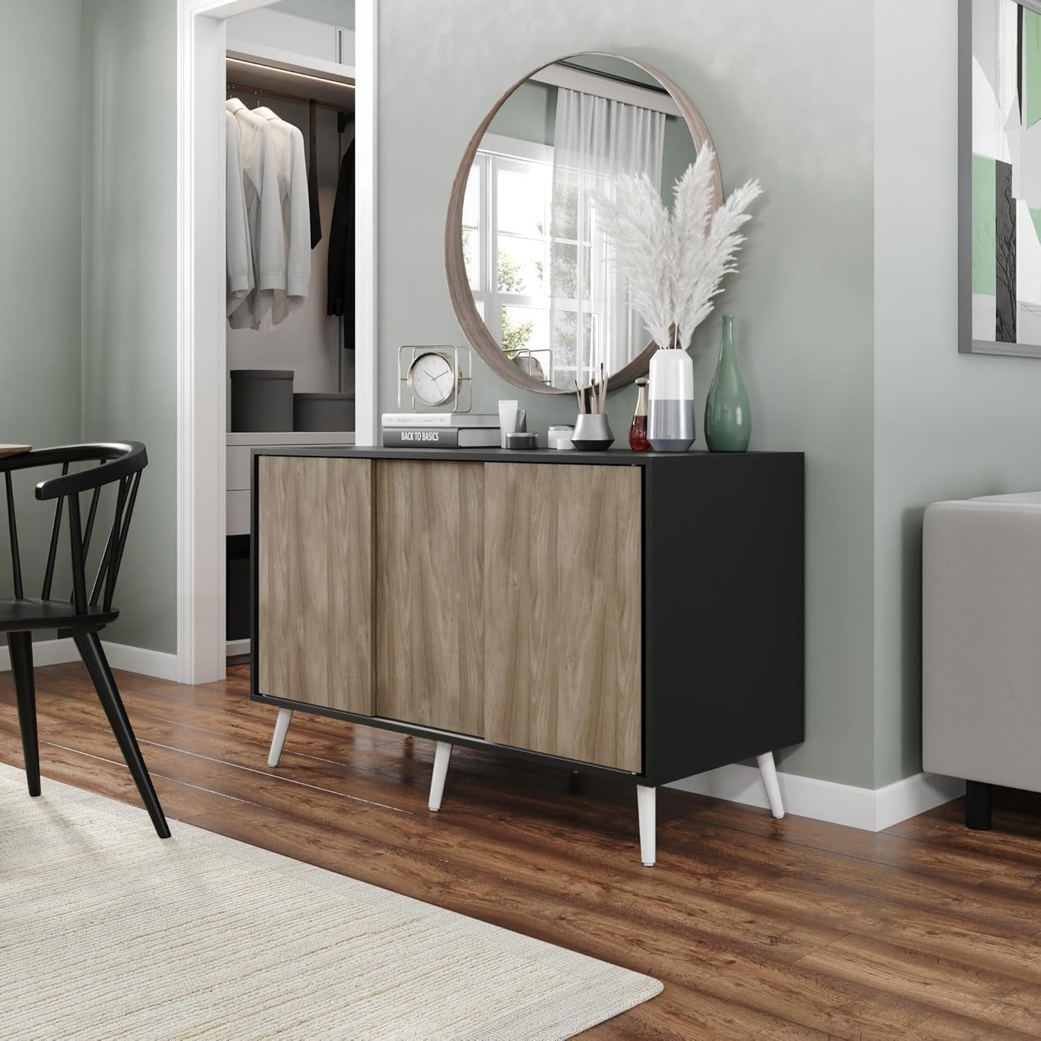 Oak Effect Sideboard Cabinet 3 Door Storage Unit with Sliding Doors Modern
