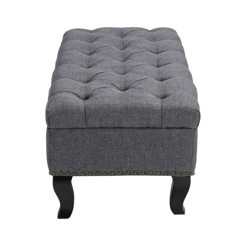 Grey Linen Ottoman Bench 2-Seater Tufted Entryway Seat with Storage