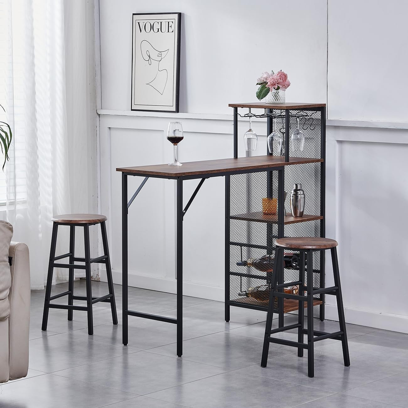 3-Piece Bar Table Set with 2 Stools Wood Top Space-Saving Dining Table Set
