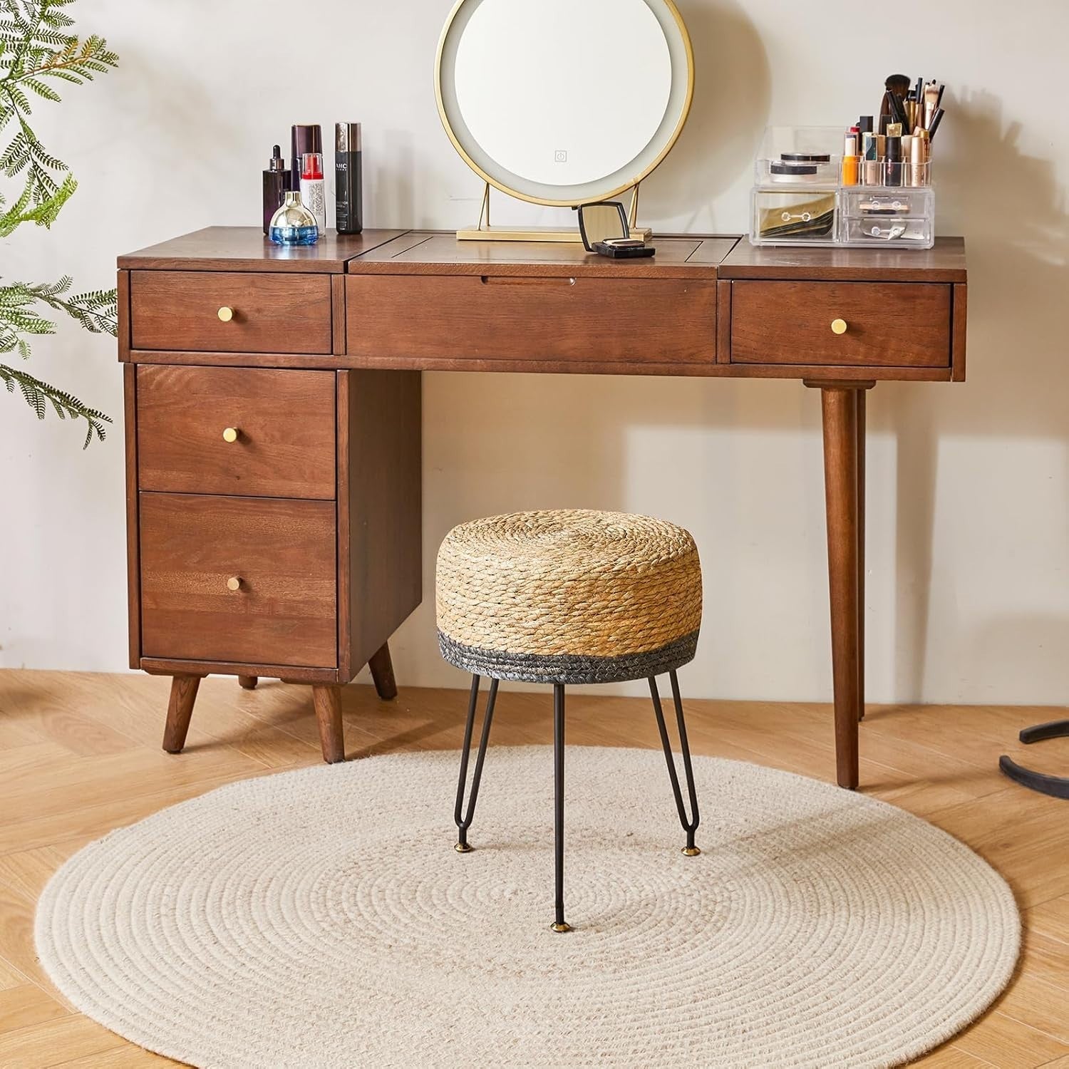 Black Seagrass Woven Footstool Pastoral Round Stool Metal Legs 32×32×45cm