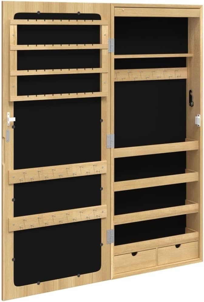 LED Wall Mounted Jewelry Cabinet Mirror Lockable Storage Organizer Brown