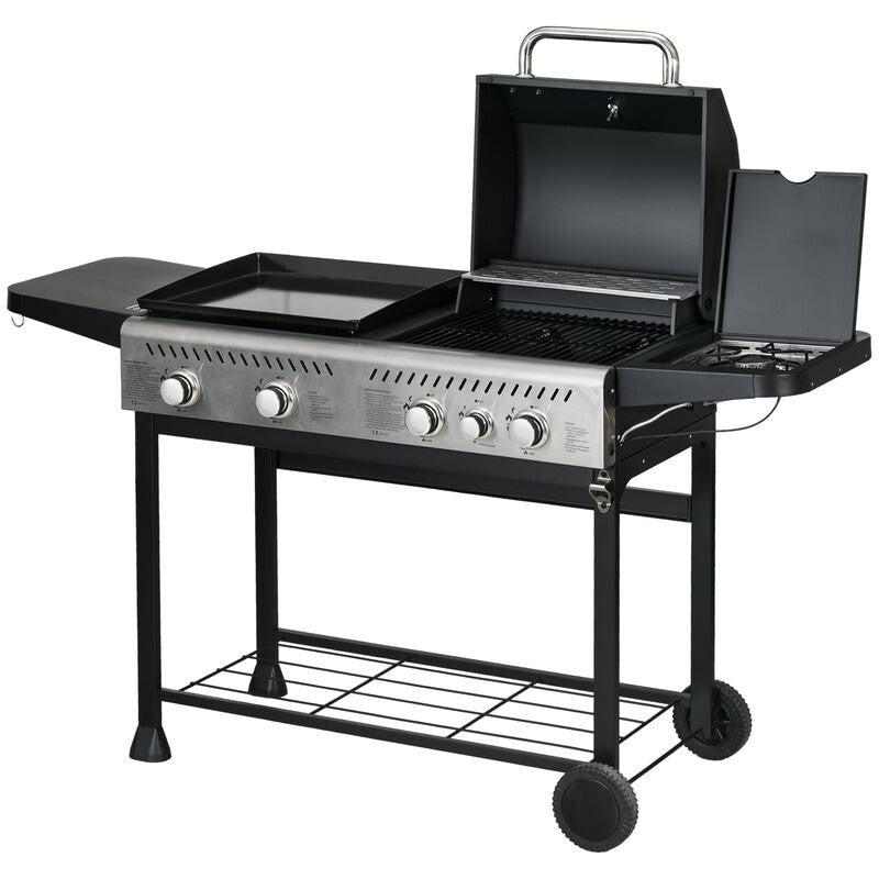 15kW Gas BBQ Grill & Plancha w/ Side Burner, Smoker Lid, Wheels & Hooks