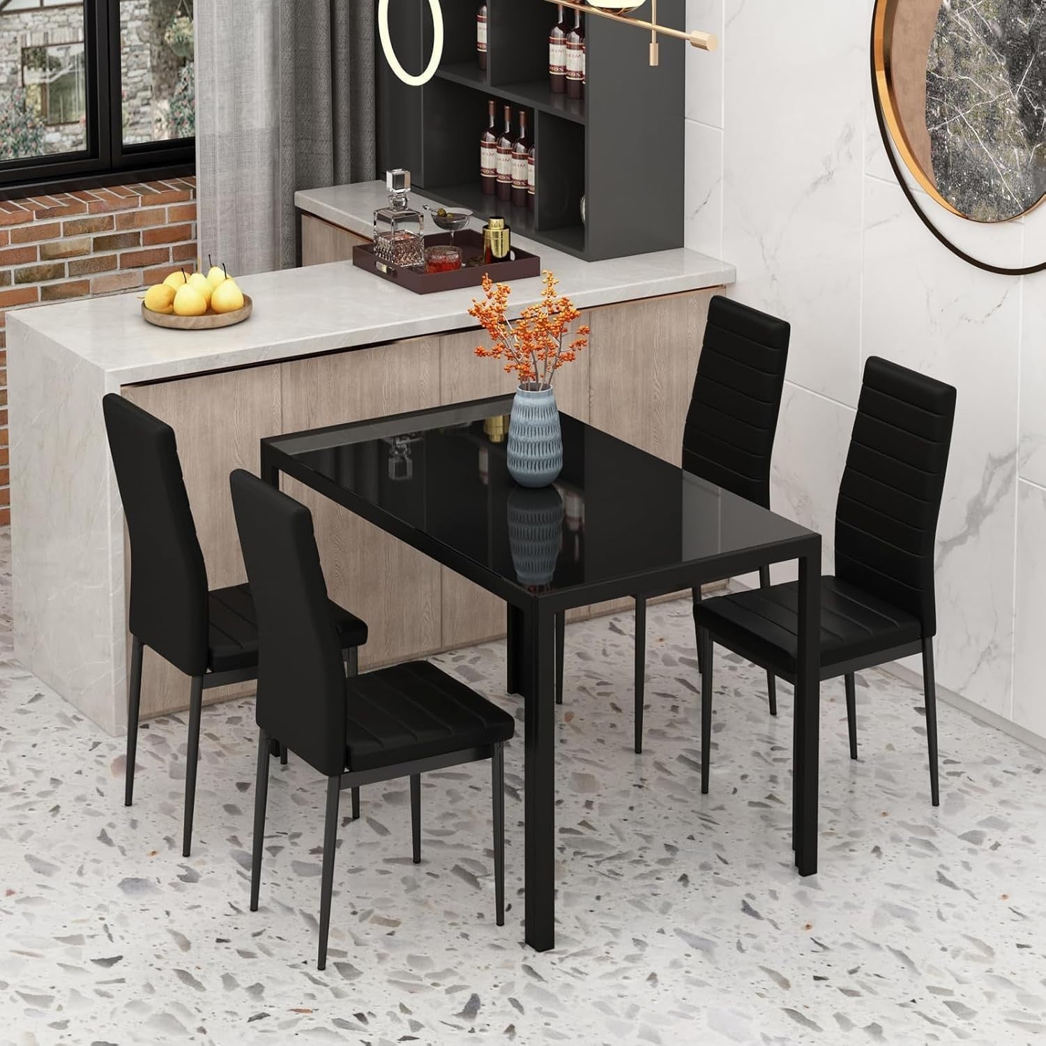 Modern 4-Seater Glass Dining Table with Faux Leather Chairs Black