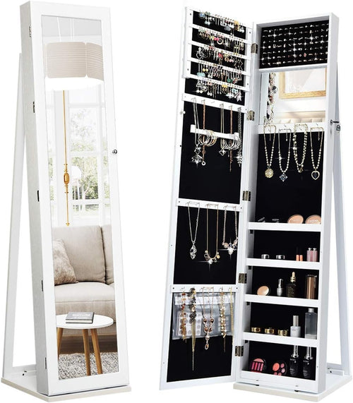 White Lockable Jewelry Cabinet Mirror 3-in-1 Freestanding Storage