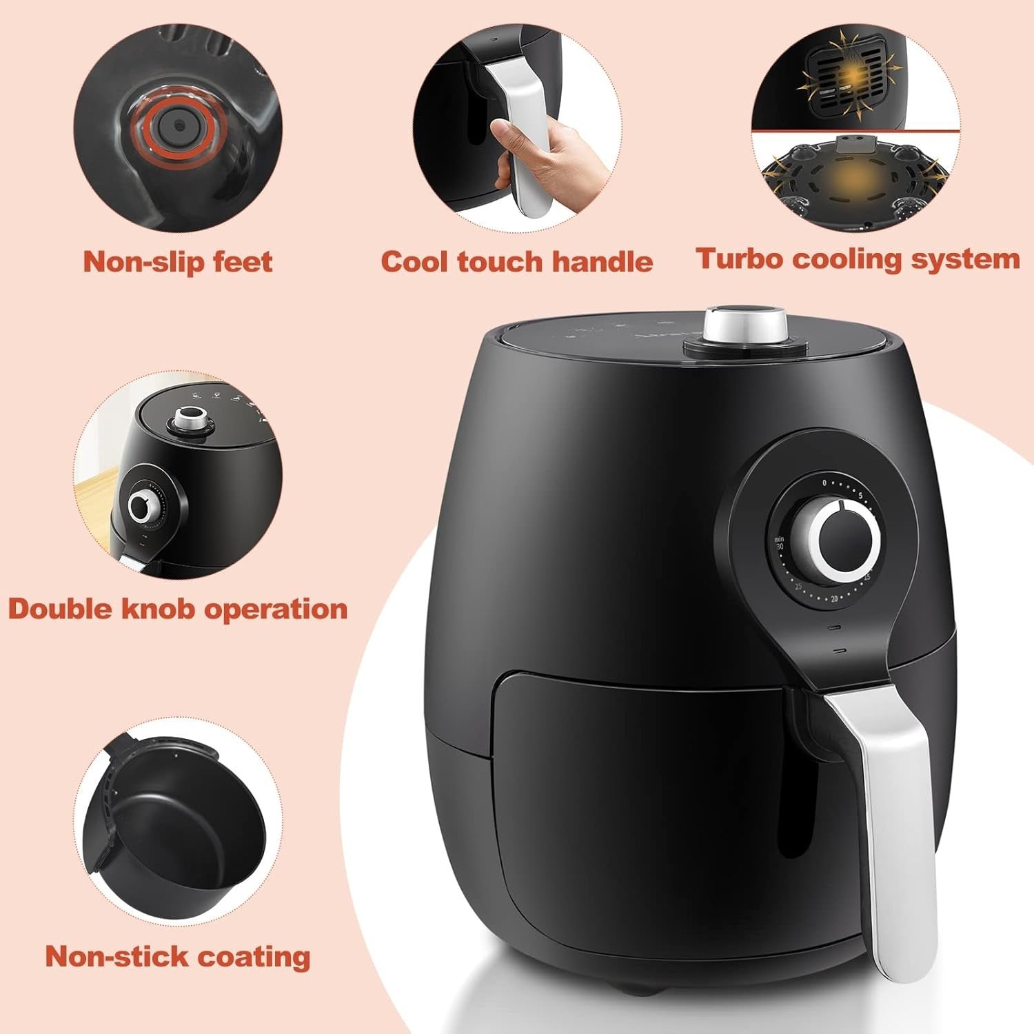 5L Air Fryer 1450W Dual Knob 30 Min Timer Rapid Air Easy Clean