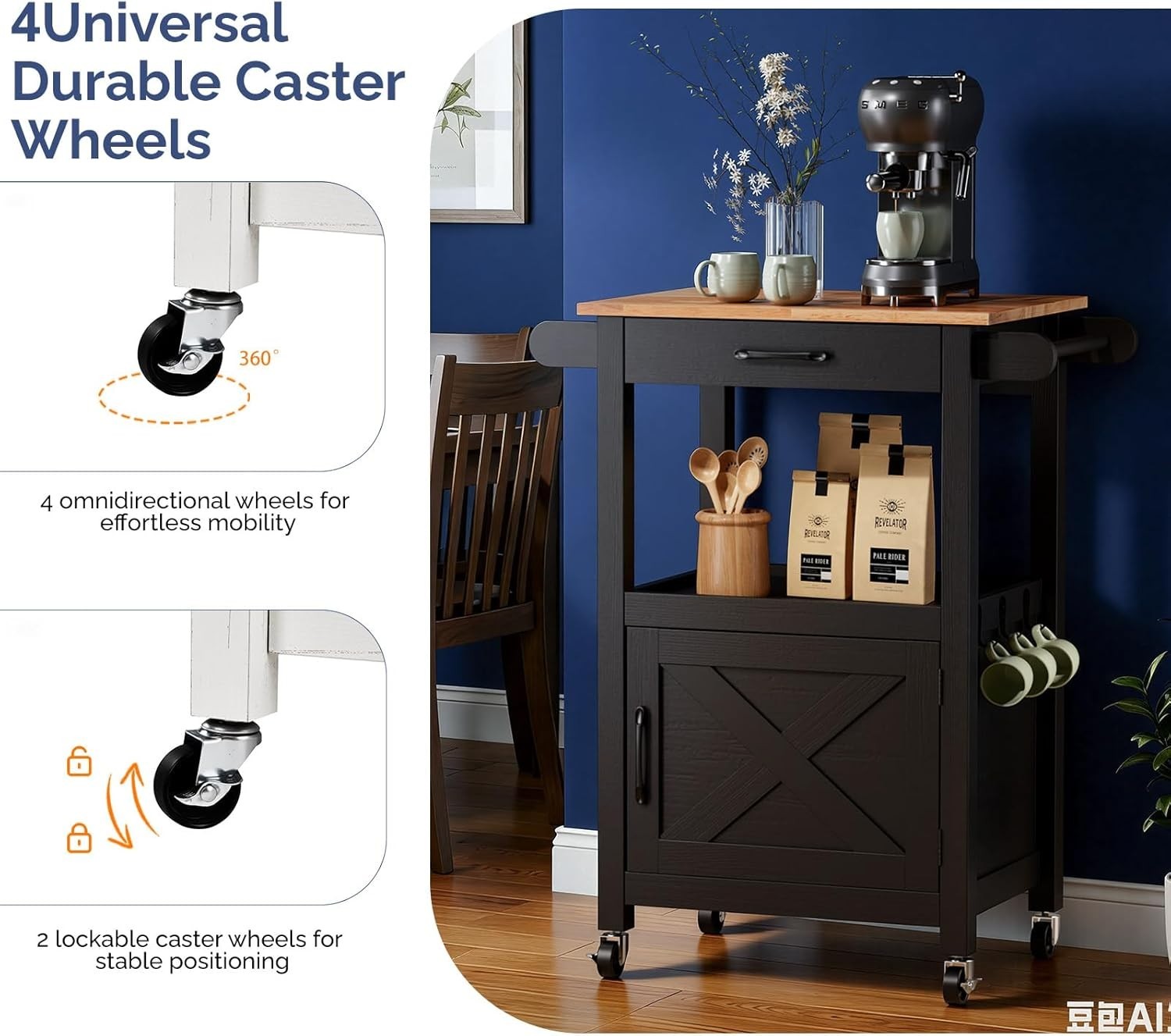 Kitchen Island on Wheels Barn Door Trolley Black