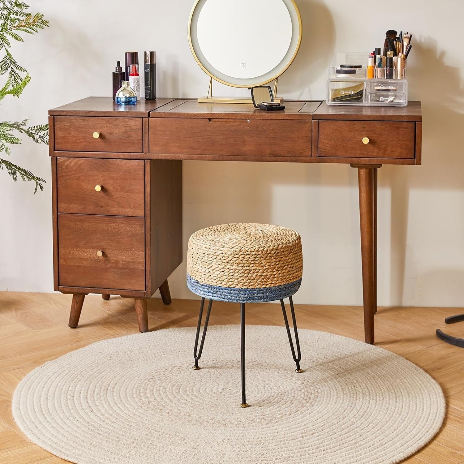 Natural & Blue Seagrass Footstool Round Pastoral Woven Stool 32×32×45cm