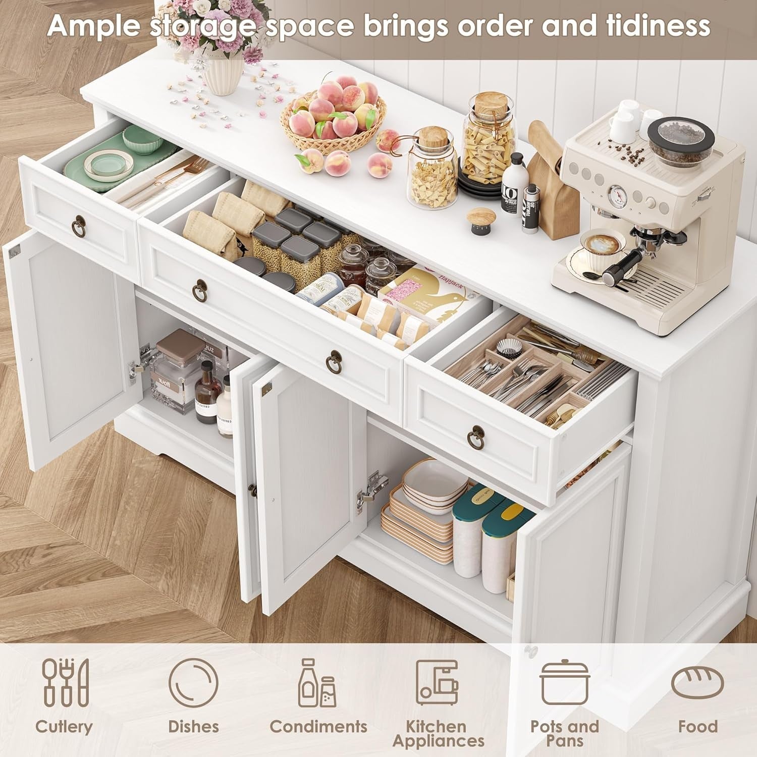 White Sideboard 4 Door 3 Drawer Cabinet Storage Unit Adjustable Shelves**