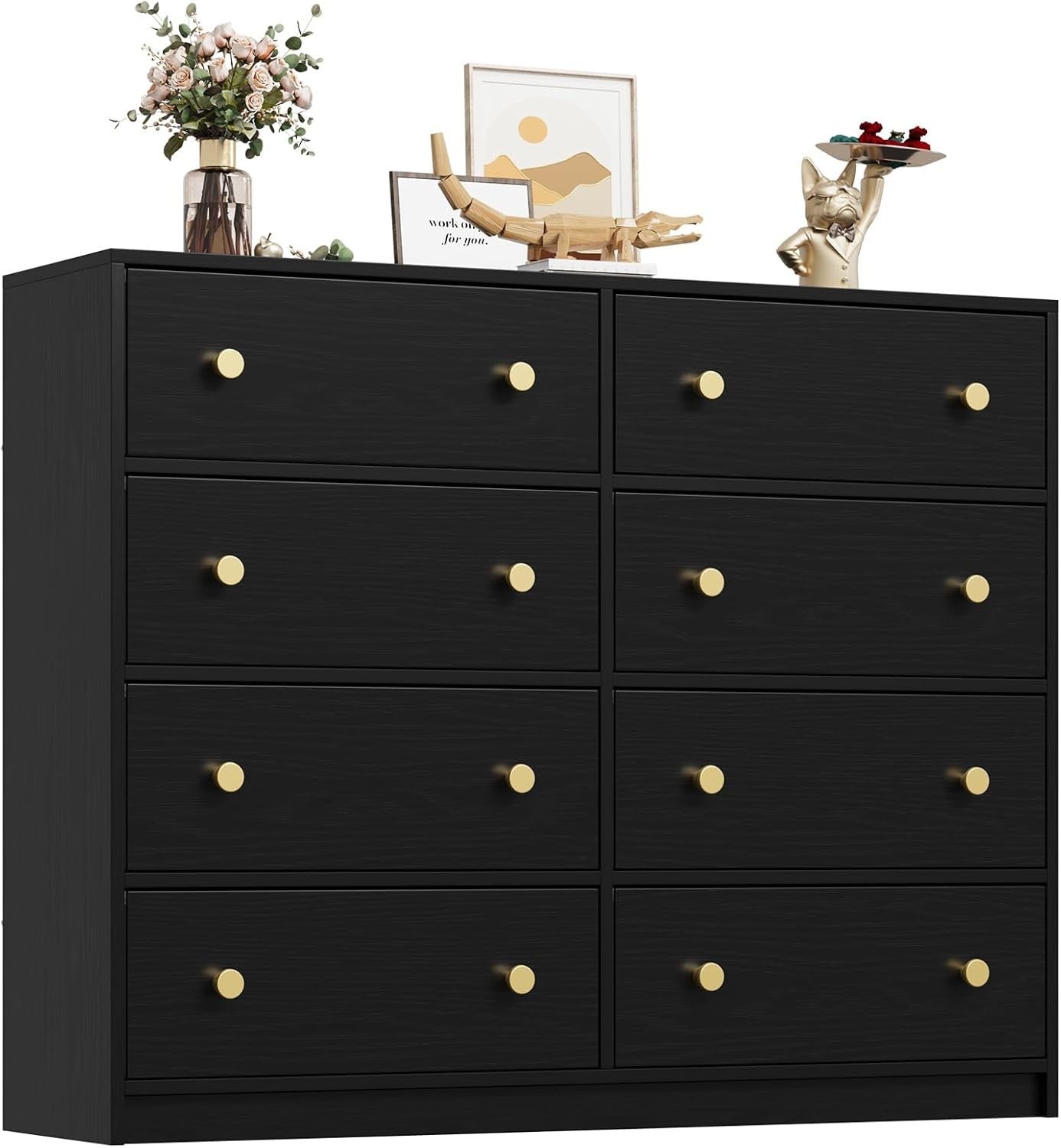 8 Drawer Black Chest Gold Handles Modern Storage Unit Bedroom Hallway