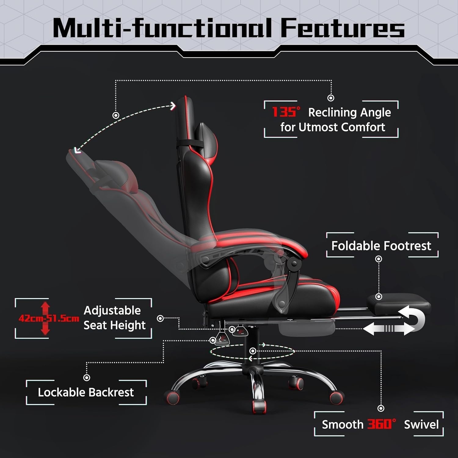 Gaming Chair Recliner Footrest Massage Office Desk PC Swivel Racer Black/Red