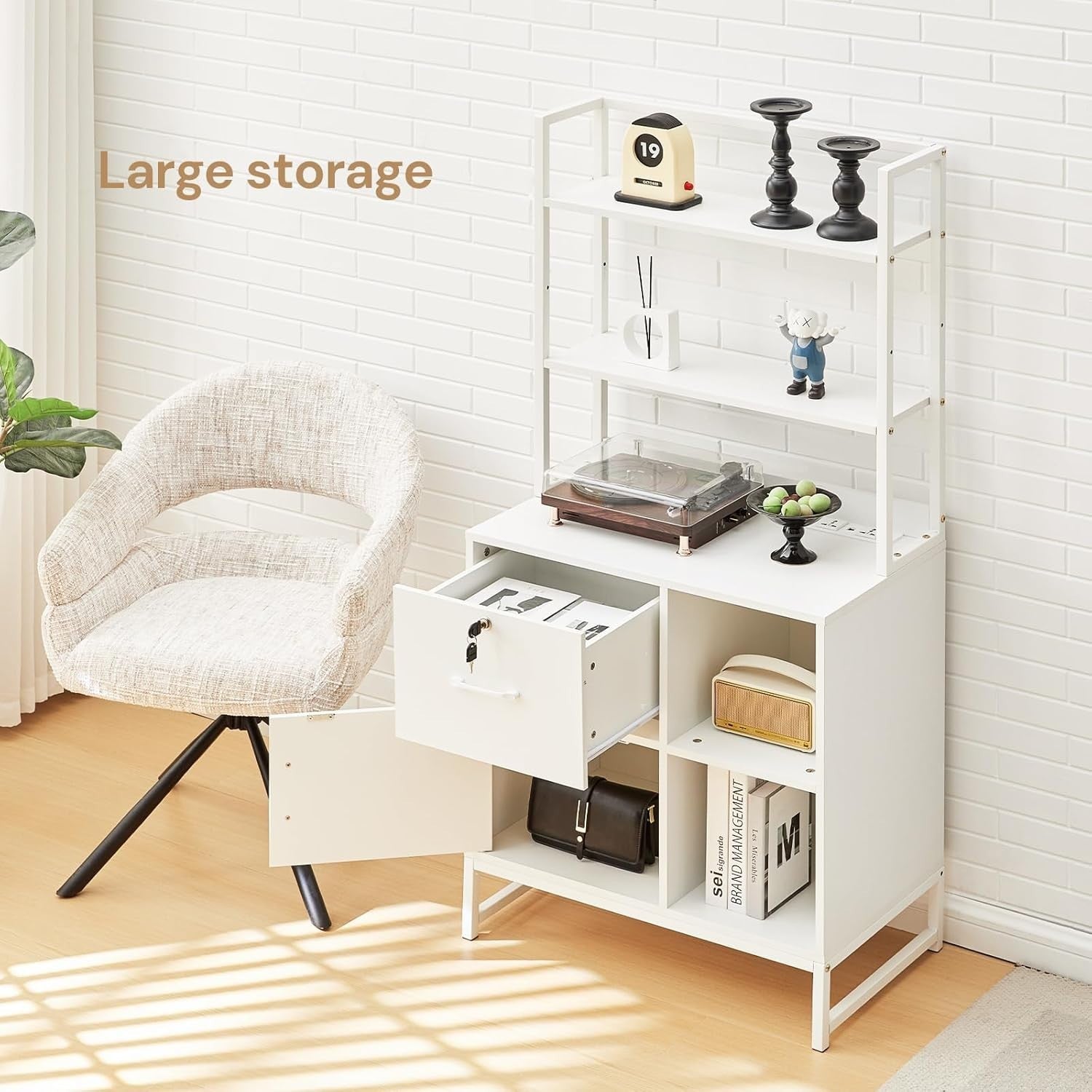 Lockable Filing Cabinet Stand with Charging Station 3 Tier Shelves White