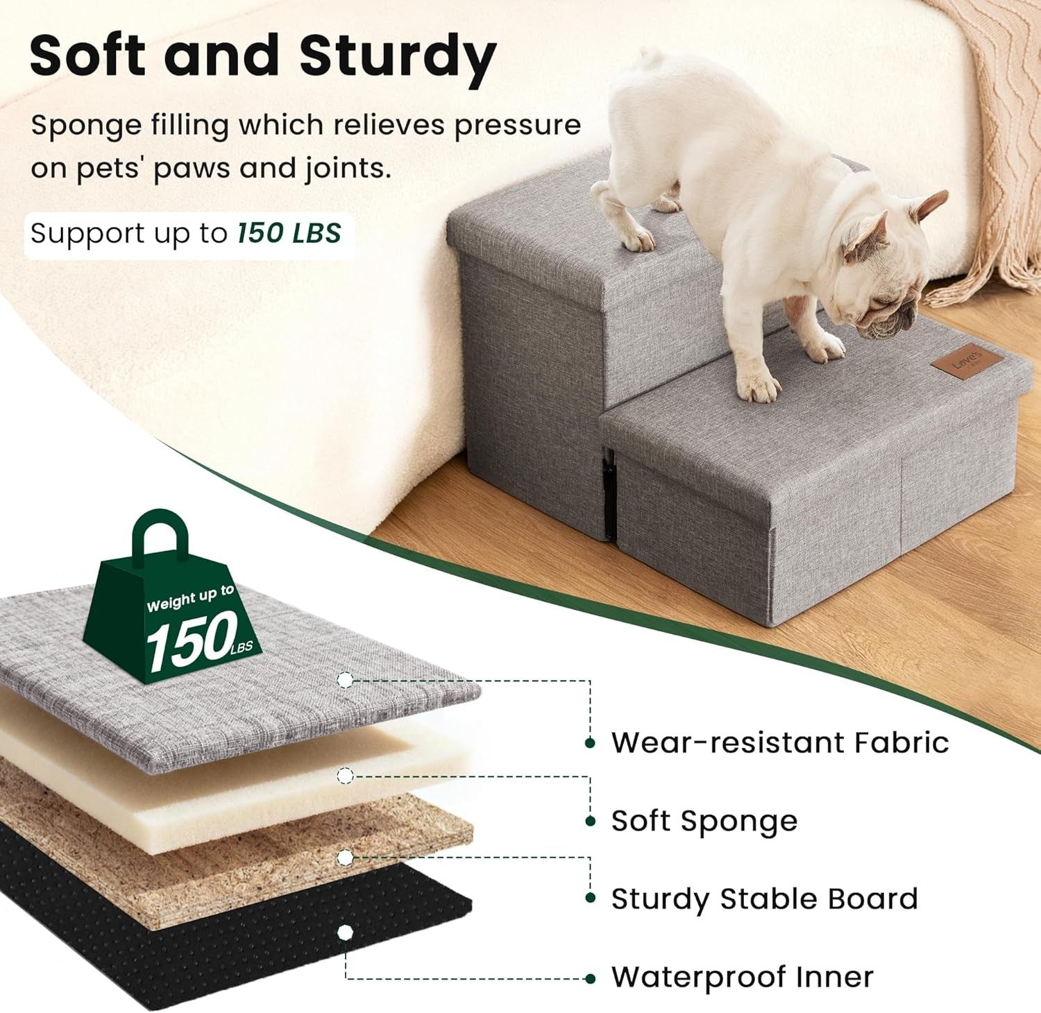 Dog Stairs with Storage 2 Step Foldable Pet Steps Ramp Grey 13" H