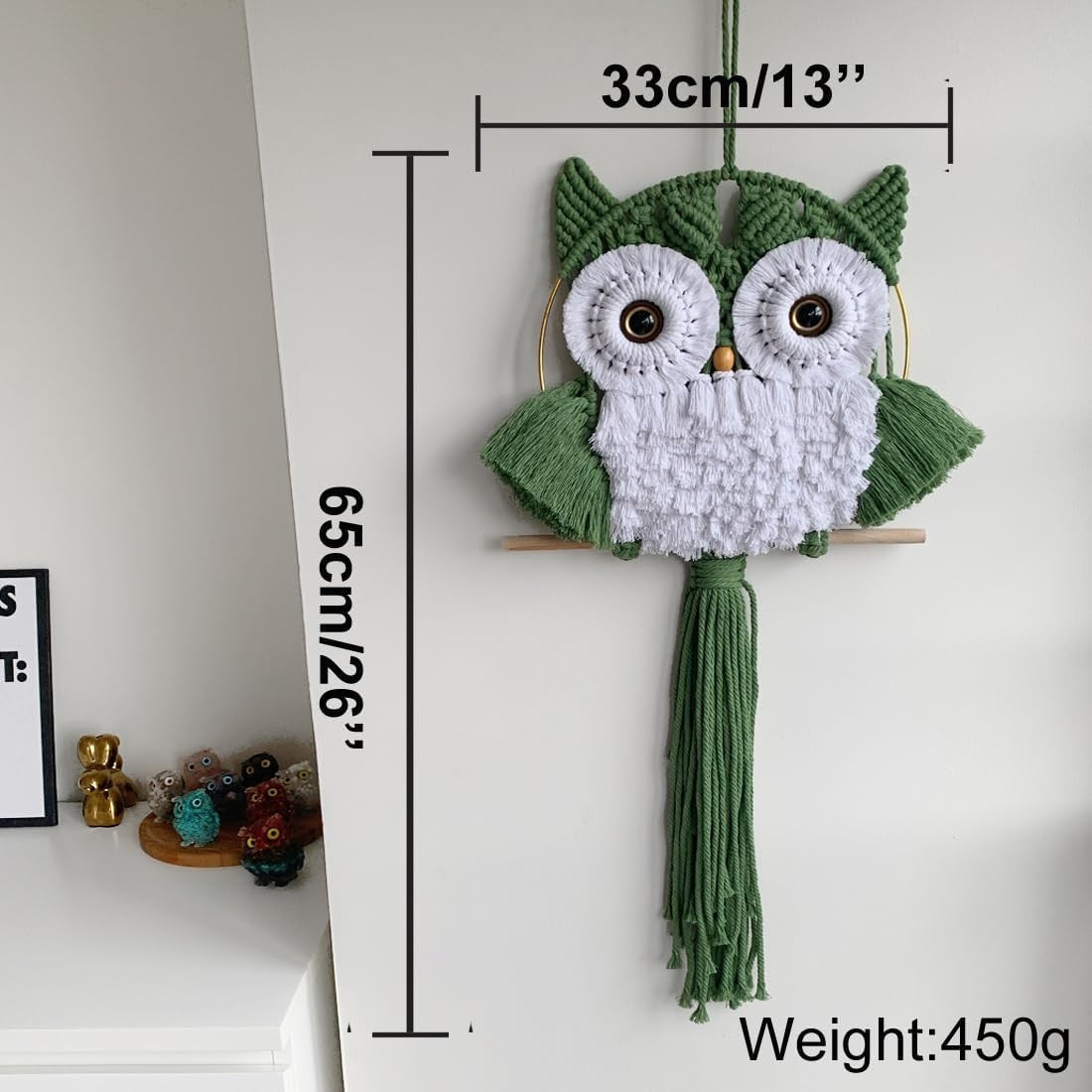 Avocado Green Macrame Owl Wall Hanging Boho Fiber Art Decor
