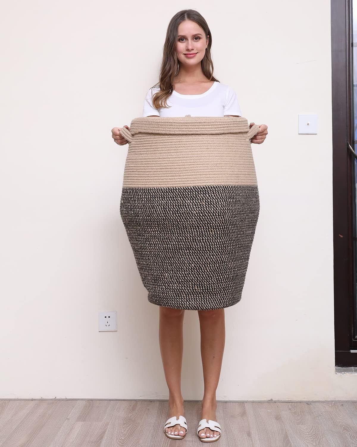 XL 26" Jute/Black Cotton Rope Laundry Basket with Lid Large Woven Storage Bin