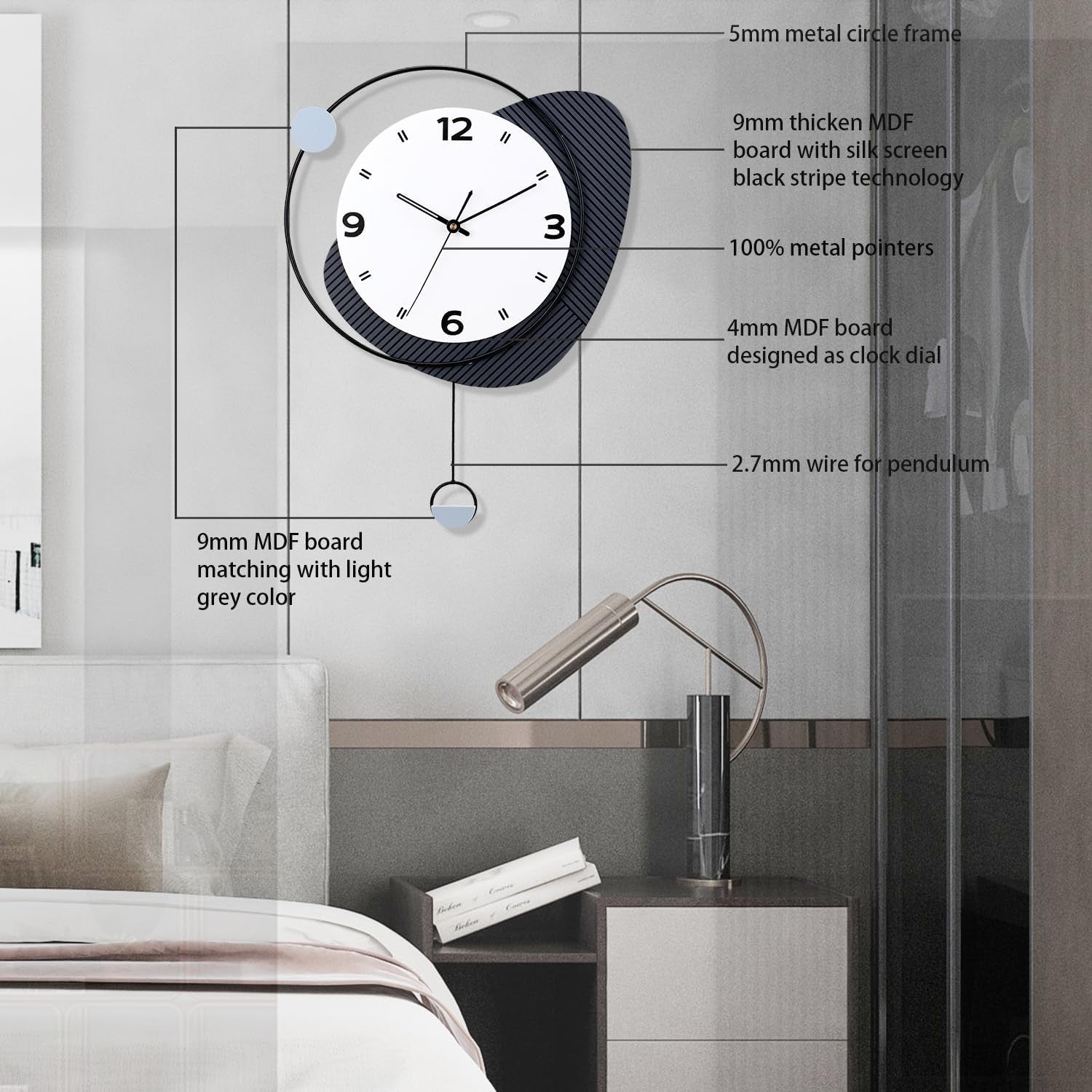 Modern Silent Wall Clock with Pendulum Large Quartz Black Home Decor 38x52cm