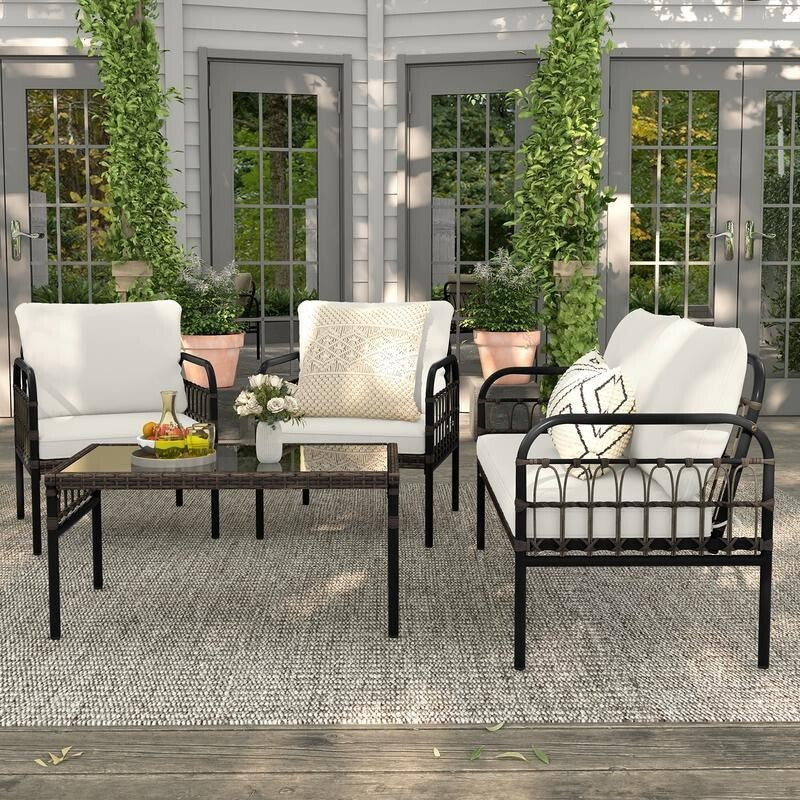 4 Piece Rattan Garden Furniture Set w/ Cushions & Glass Table Patio Seating Set