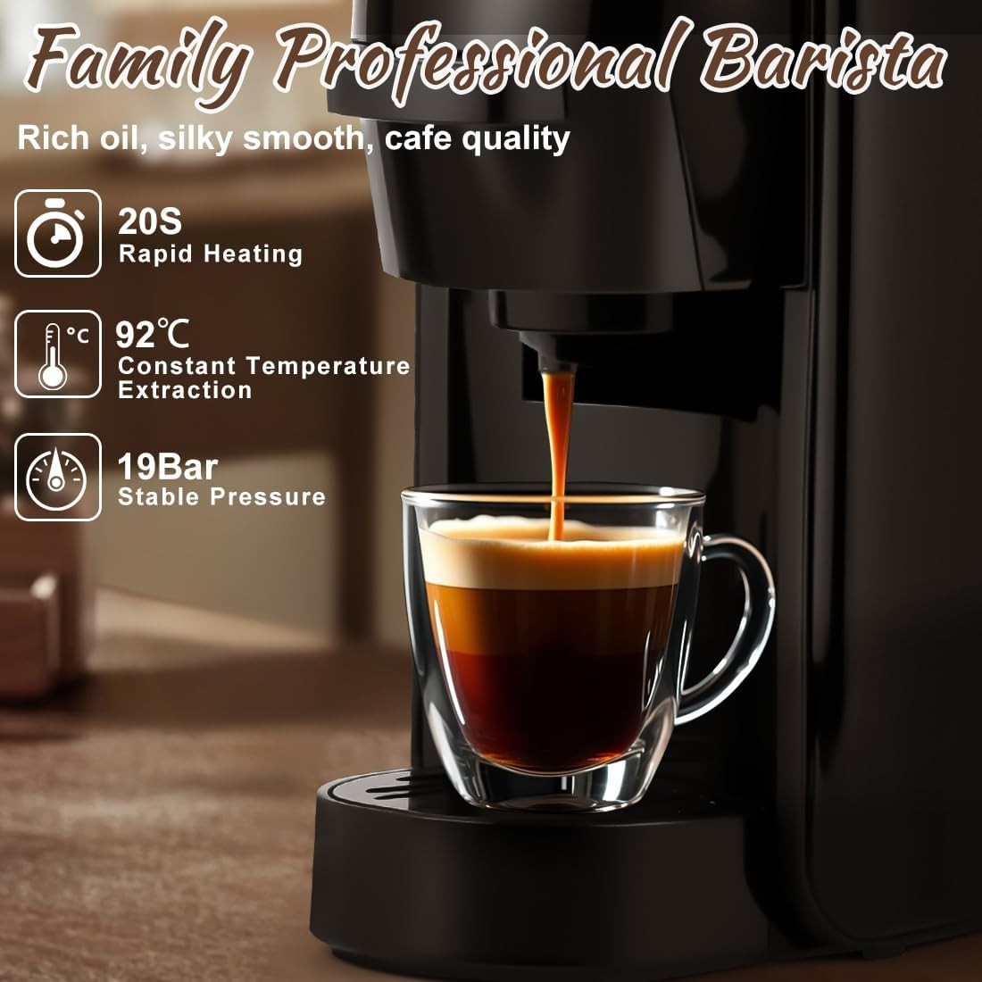 19Bar Pod Coffee Machine Compact 1450W Fast Heat-Up Dual Pod System Black