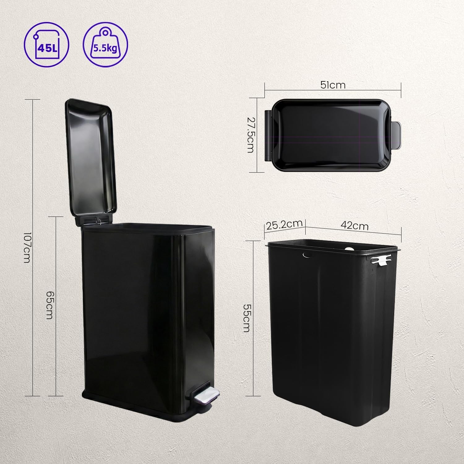 45L Kitchen Pedal Bin Soft Close Stainless Steel Black