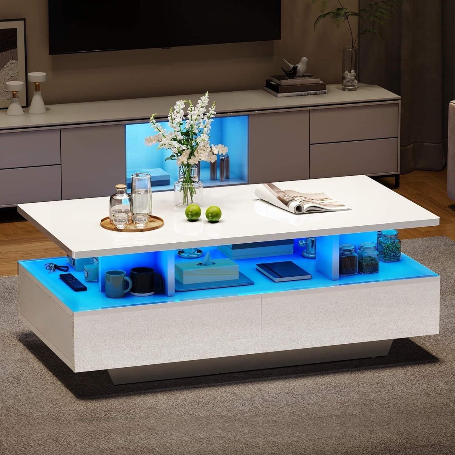 Modern High Gloss Coffee Table with 4 Drawers & 16-Color LED Lights, 90cm