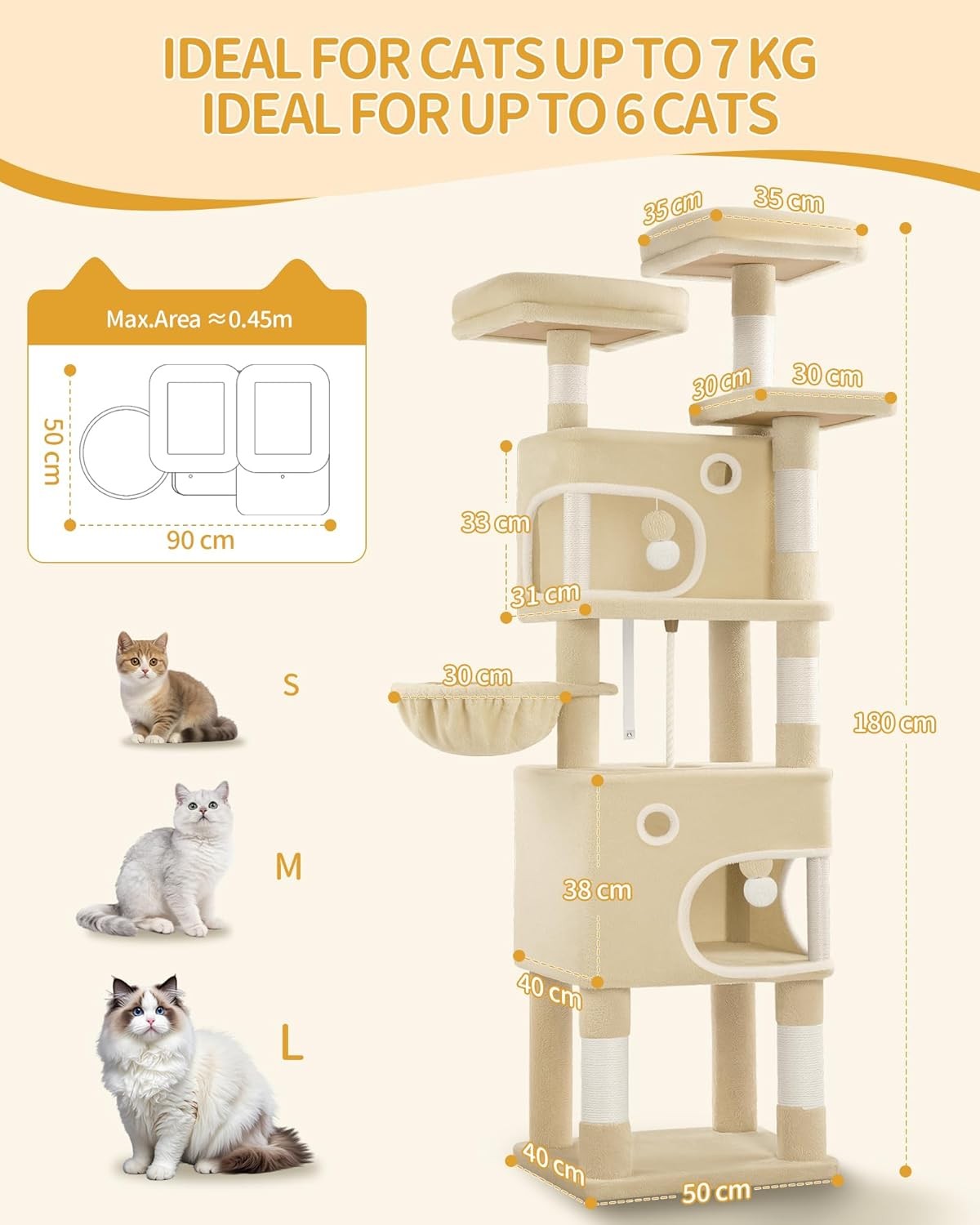 Cat Tree 180cm Tall Tower With Condo Scratching Posts Platforms Caves & Basket
