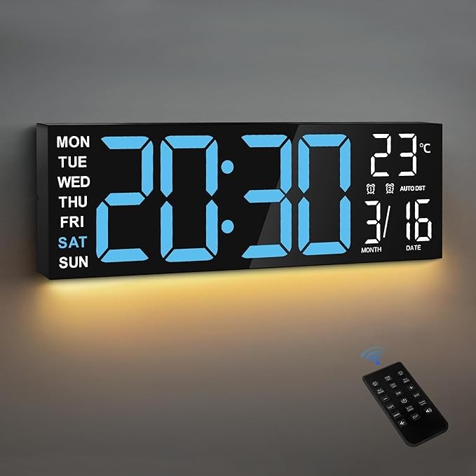 16" RGB Digital Wall Clock Large Display Temp Date Auto-DST Remote Dimmer