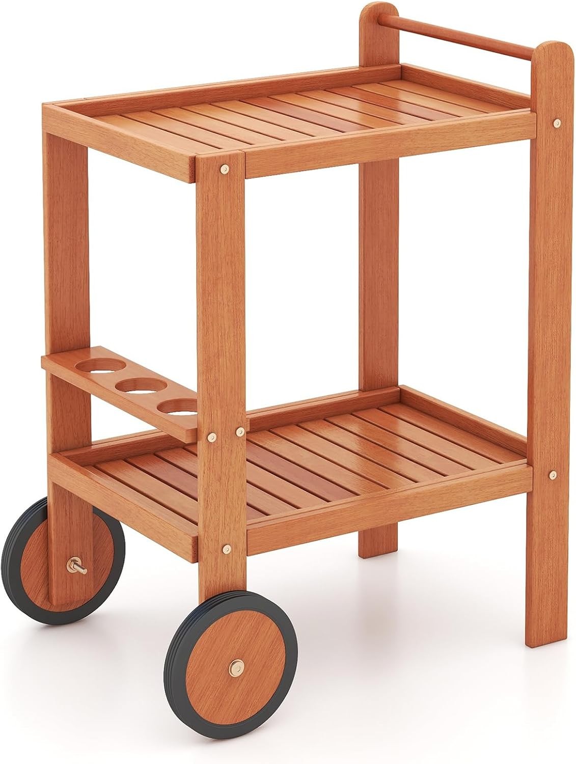 2 Tier Wooden Serving Trolley Bar Cart on Wheels with Wine Bottle Holders